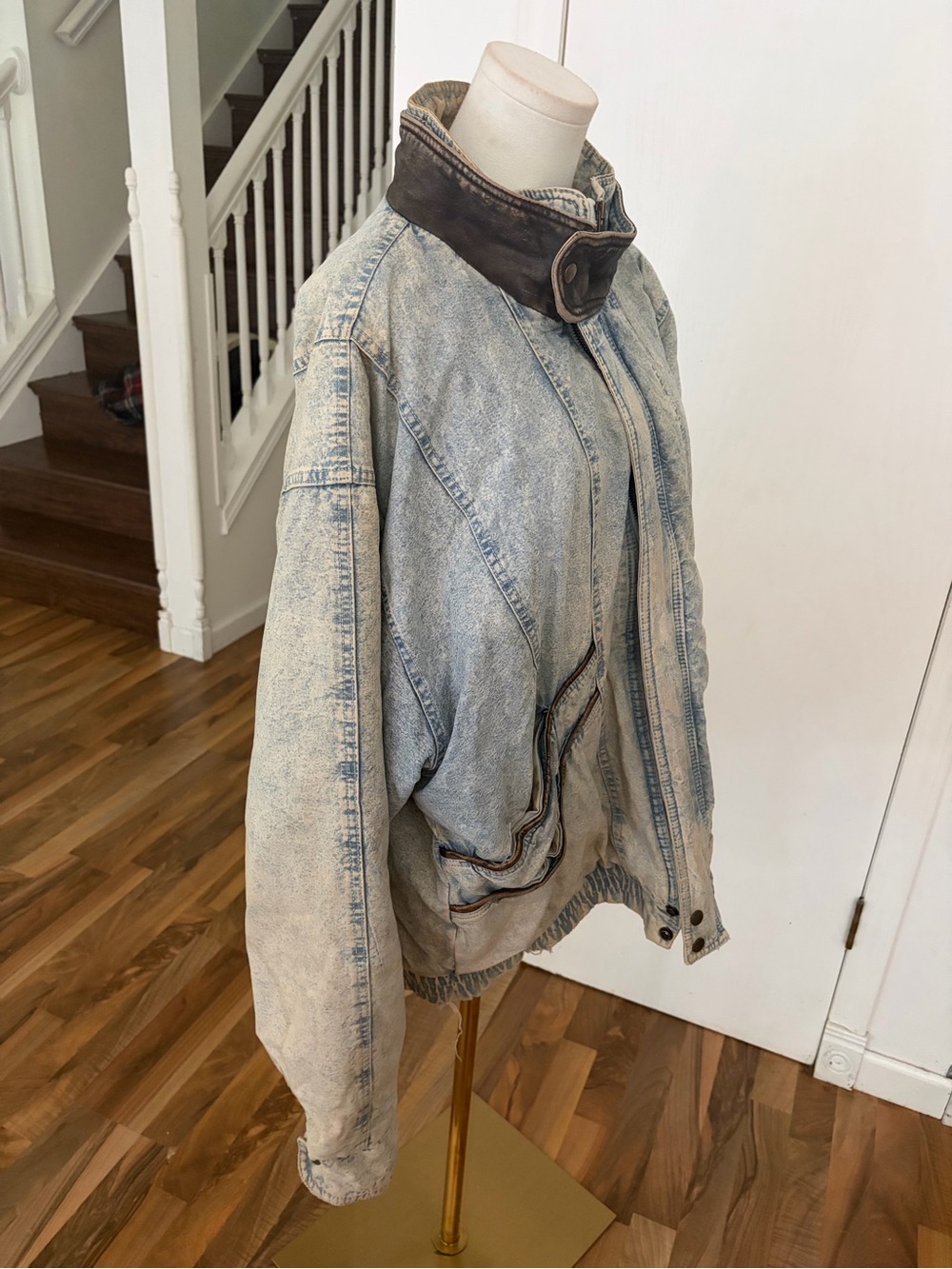 Very Vintage Light Wash Denim Jacket with Dark Leather Details, Oversized Large